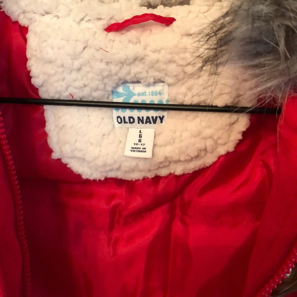 Old Navy Fleece Hooded Jacket Faux Fur Toggle in Red Size Large 10 - 12